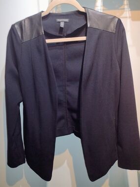 EILEEN FISHER Black Open-Front Blazer with Faux-Leather Shoulder Panels